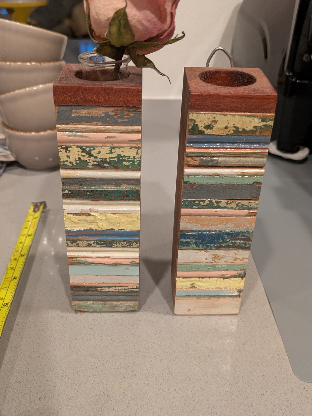 Rustic Striped Wooden Bud Vase Pair - Multicolor